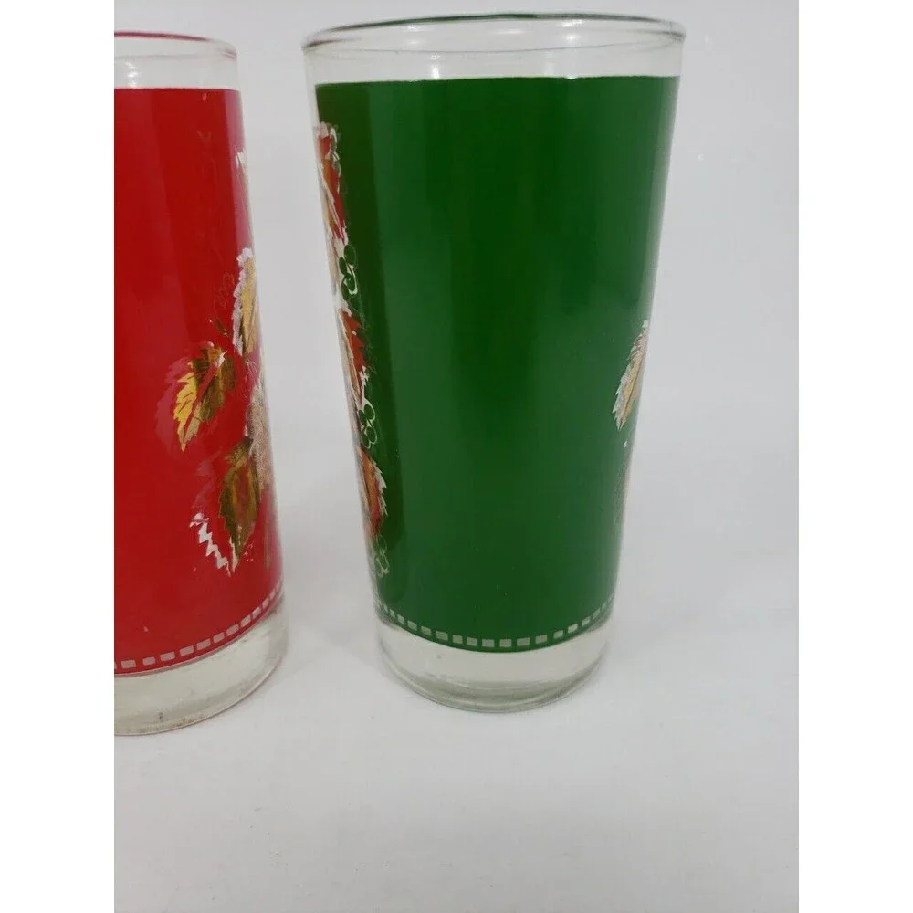 Vintage Libbey Grape Leaf Design Glasses Red Green Gold Christmas 12 oz MCM USA